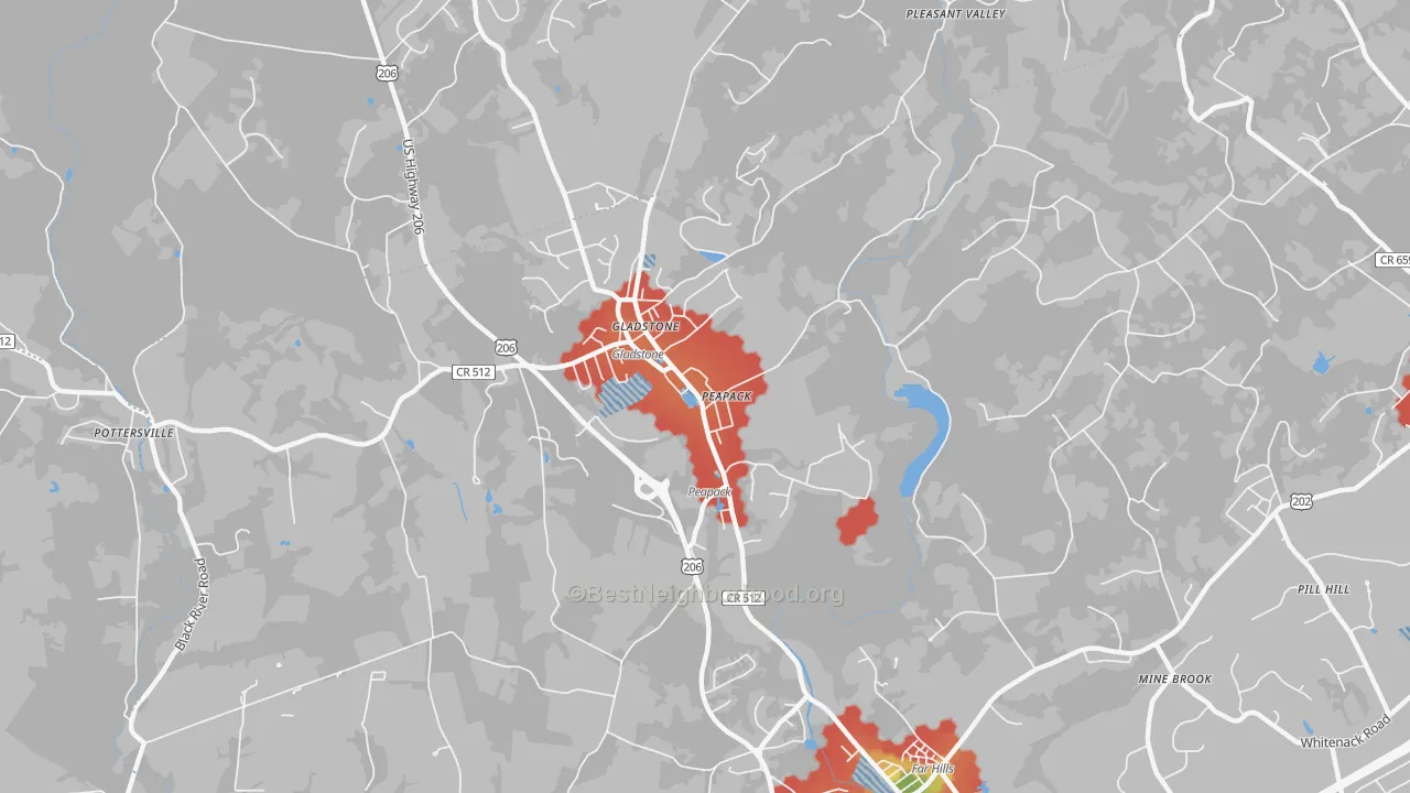 Walk Grade map of Peapack and Gladstone, NJ, walkable areas in green and car-dependent areas in red
