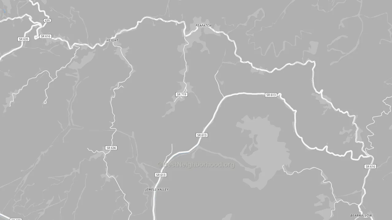 Walk Grade map of Peapatch, VA, walkable areas in green and car-dependent areas in red