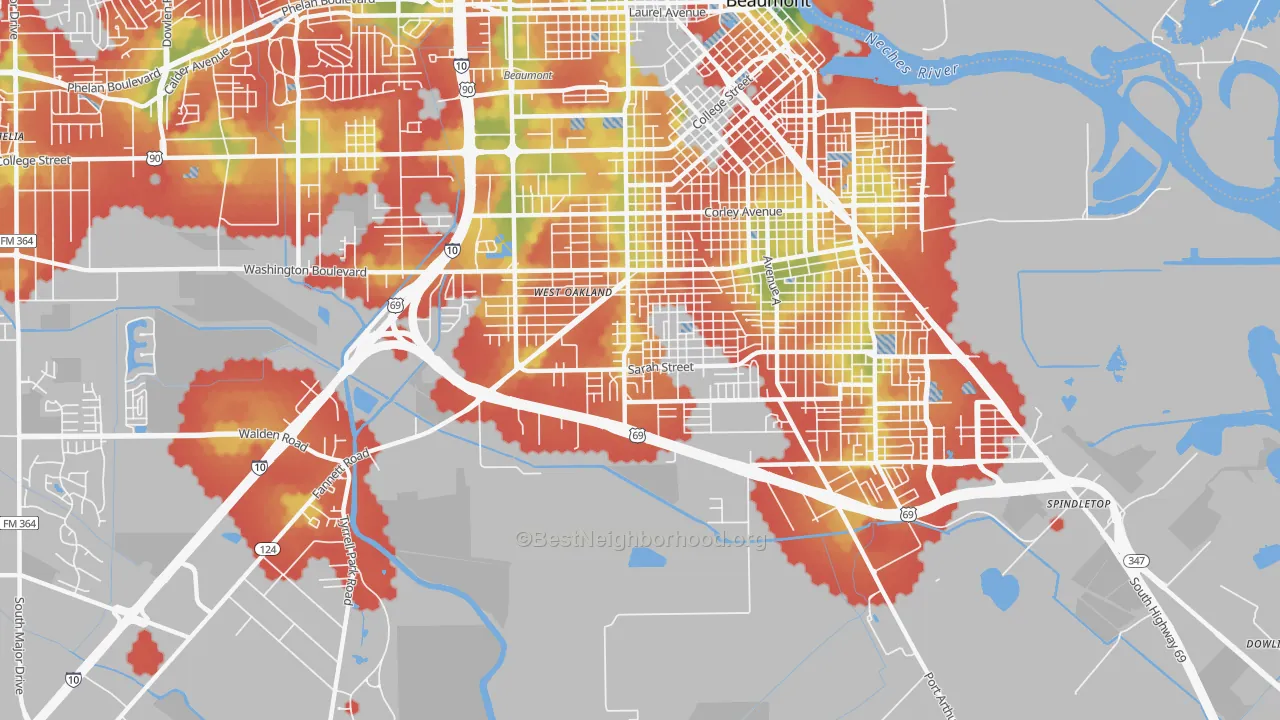 Walk Grade map of Pear Orchard, Beaumont, TX, walkable areas in green and car-dependent areas in red