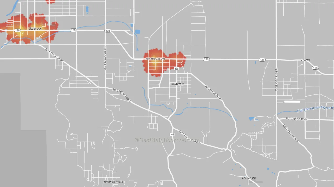 Walk Grade map of Pearblossom, CA, walkable areas in green and car-dependent areas in red