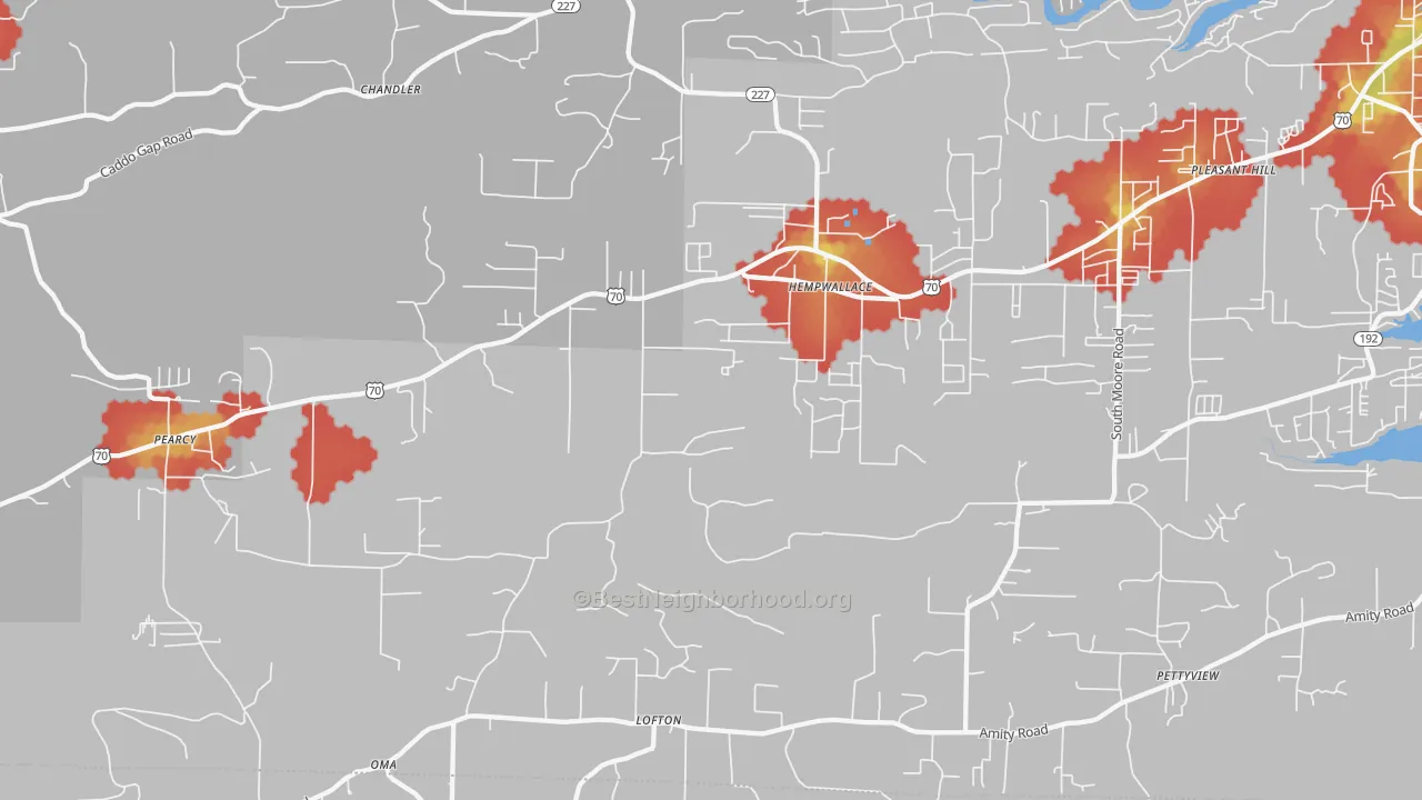 Walk Grade map of Pearcy, AR, walkable areas in green and car-dependent areas in red