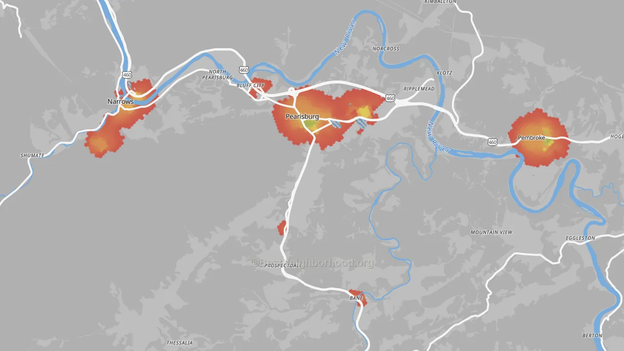 Walk Grade map of Pearisburg, VA, walkable areas in green and car-dependent areas in red