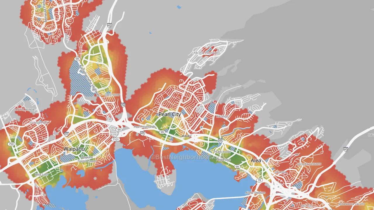 Walk Grade map of Pearl City, HI, walkable areas in green and car-dependent areas in red