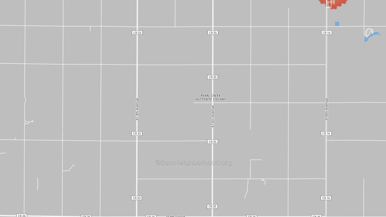 Walk Grade map of Pearl Creek Colony, SD, walkable areas in green and car-dependent areas in red