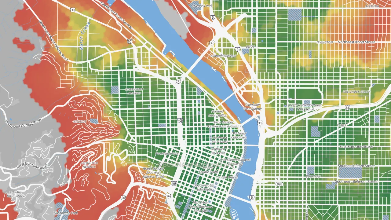 Walk Grade map of Pearl District, Portland, OR, walkable areas in green and car-dependent areas in red