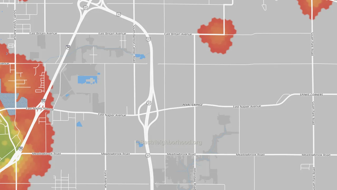 Walk Grade map of Pearl Grange, MI, walkable areas in green and car-dependent areas in red