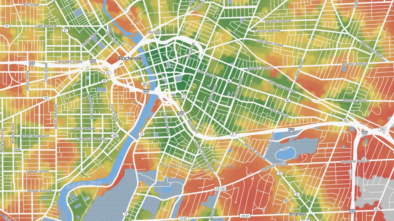Walk Grade map of Pearl-Meigs-Monroe, Rochester, NY, walkable areas in green and car-dependent areas in red