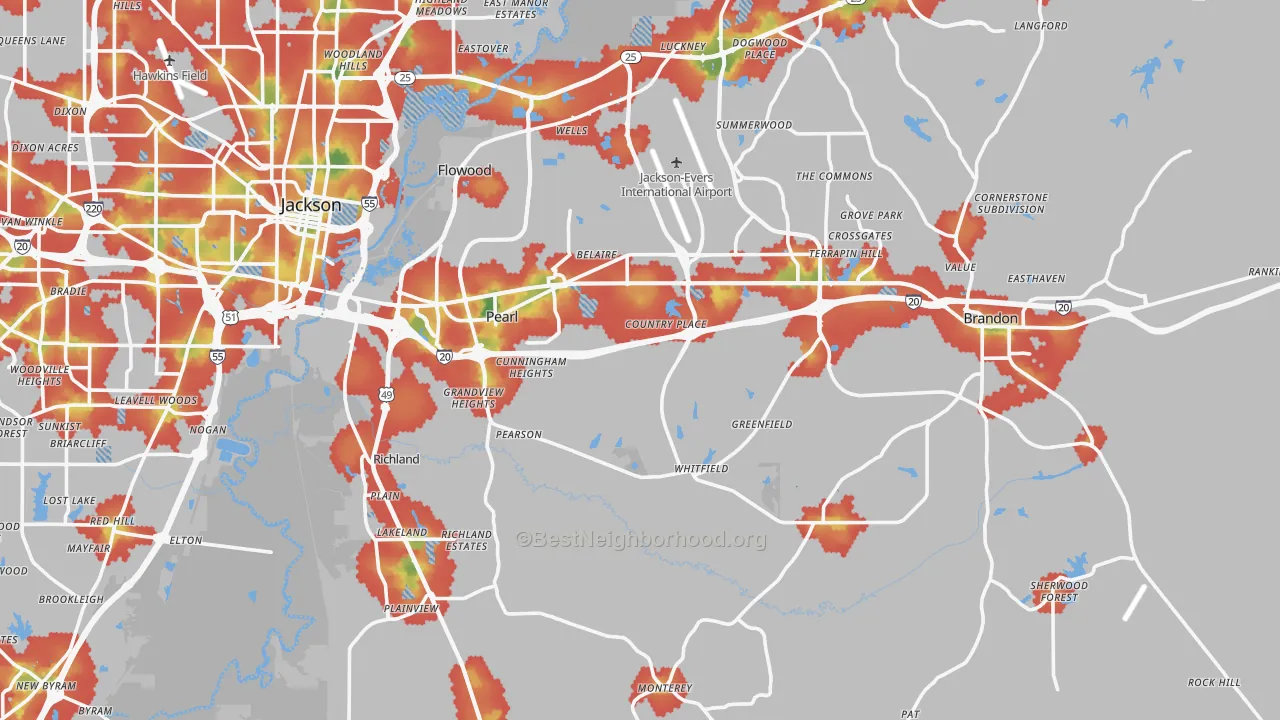 Walk Grade map of Pearl, MS, walkable areas in green and car-dependent areas in red