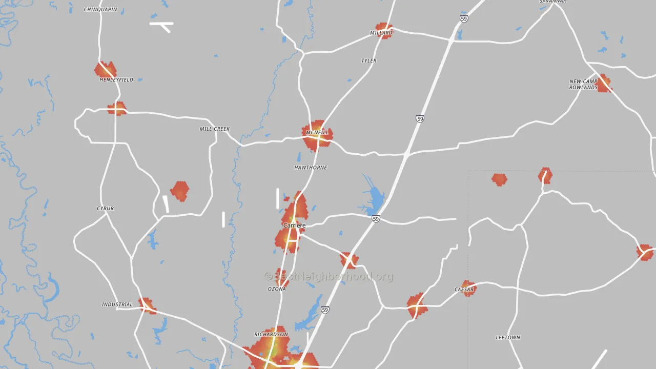 Walk Grade map of Pearl River County, MS, walkable areas in green and car-dependent areas in red