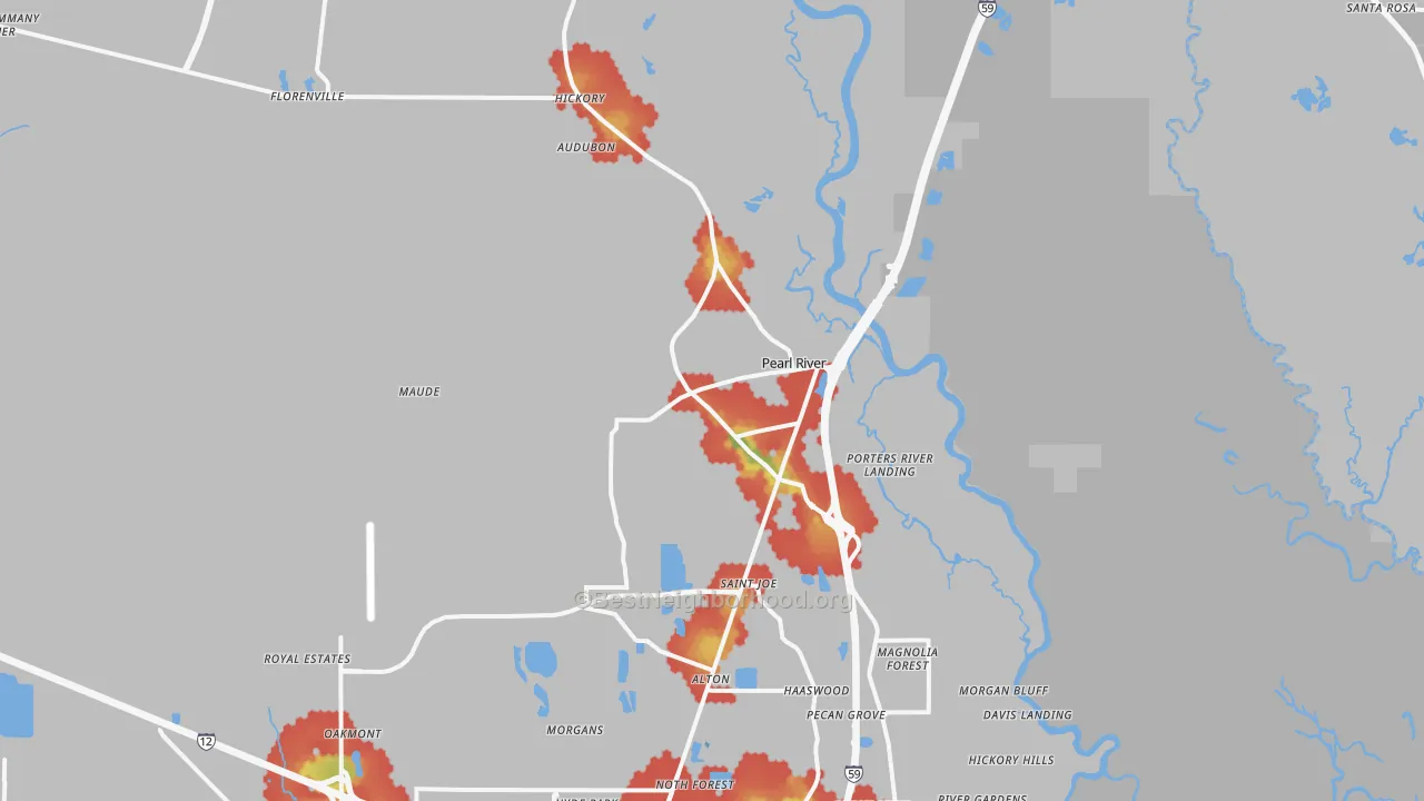 Walk Grade map of Pearl River, LA, walkable areas in green and car-dependent areas in red