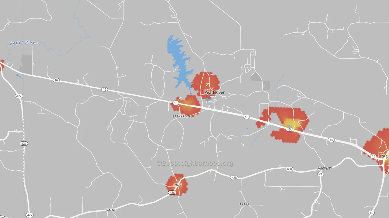 Walk Grade map of Pearl River, MS, walkable areas in green and car-dependent areas in red