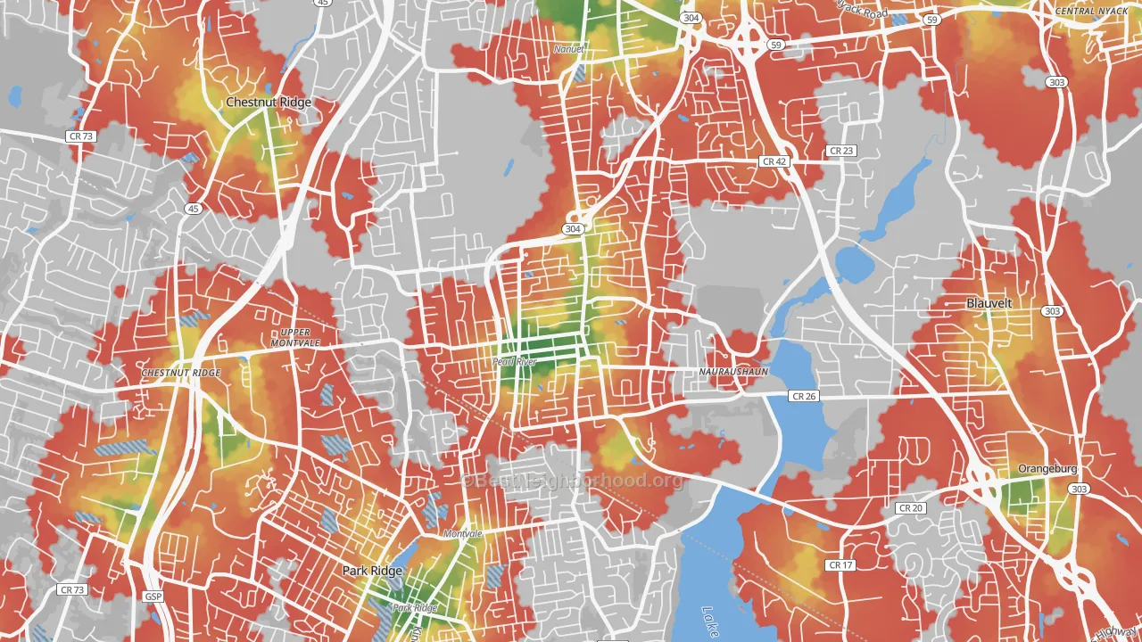 Walk Grade map of Pearl River, NY, walkable areas in green and car-dependent areas in red