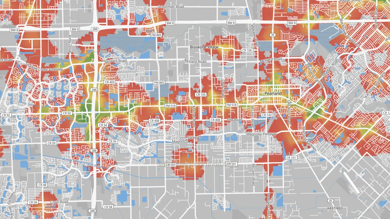 Walk Grade map of Pearland, TX, walkable areas in green and car-dependent areas in red