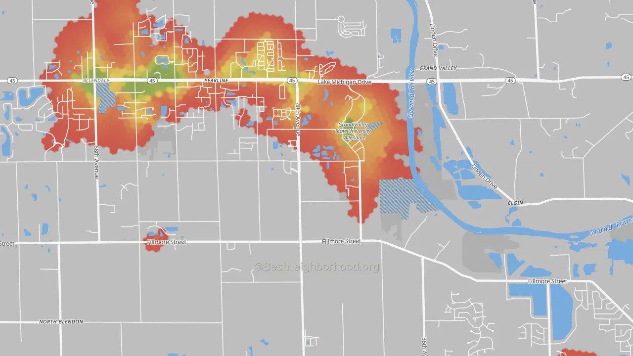 Walk Grade map of Pearline, MI, walkable areas in green and car-dependent areas in red