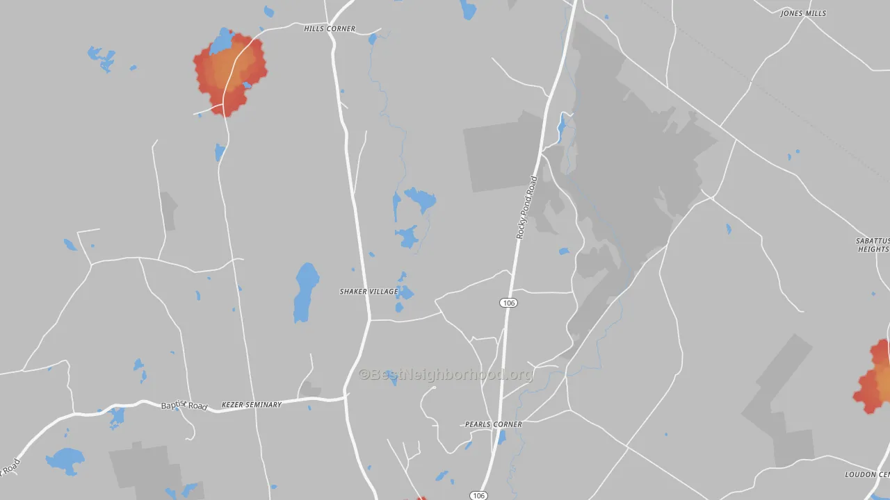 Walk Grade map of Pearls Corner, NH, walkable areas in green and car-dependent areas in red