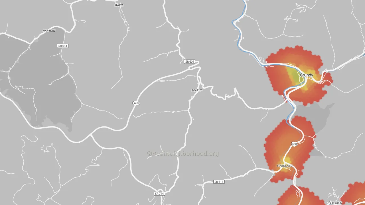 Walk Grade map of Pearly, VA, walkable areas in green and car-dependent areas in red