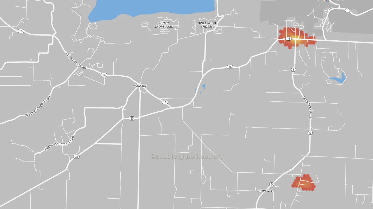 Walk Grade map of Pearson, AR, walkable areas in green and car-dependent areas in red