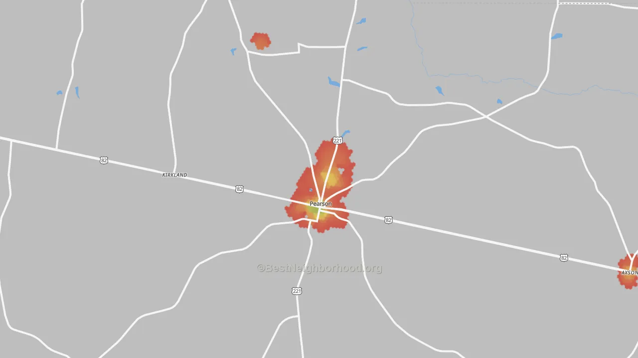 Walk Grade map of Pearson, GA, walkable areas in green and car-dependent areas in red