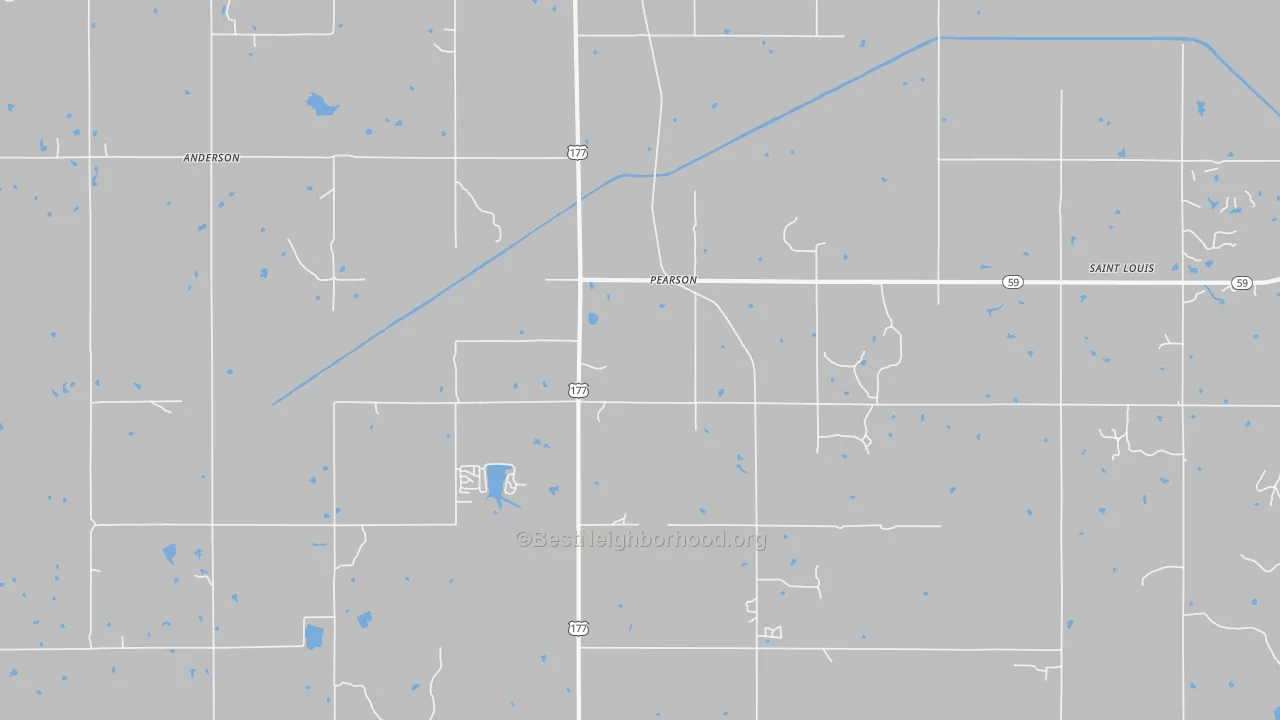 Walk Grade map of Pearson, OK, walkable areas in green and car-dependent areas in red