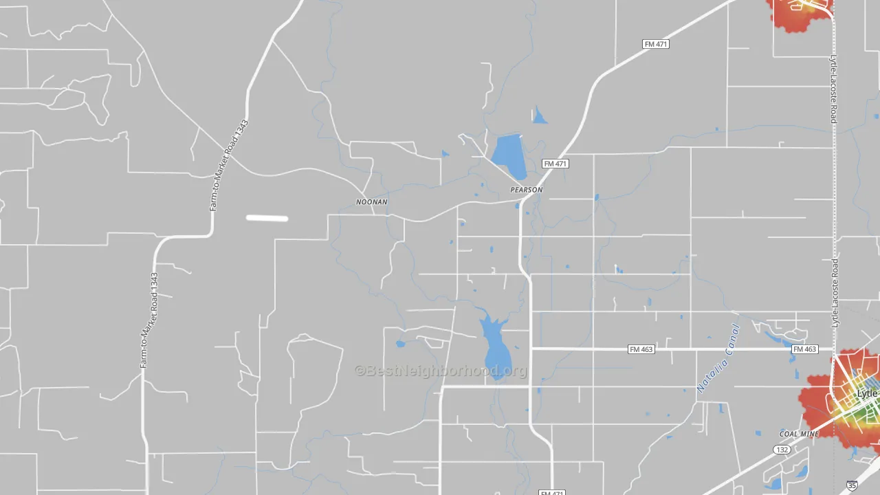 Walk Grade map of Pearson, TX, walkable areas in green and car-dependent areas in red