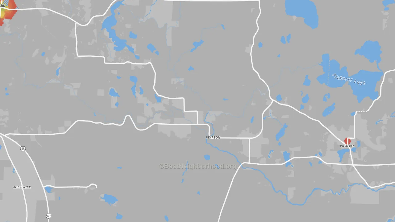 Walk Grade map of Pearson, WI, walkable areas in green and car-dependent areas in red