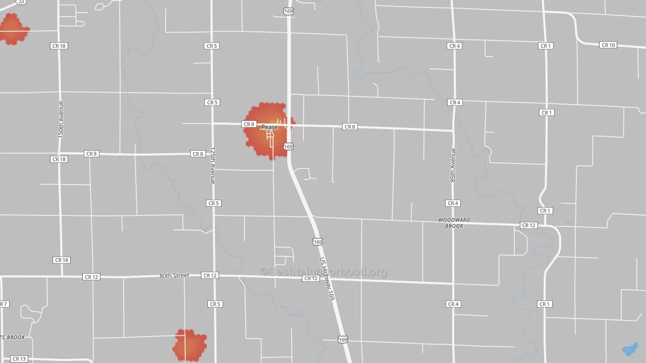 Walk Grade map of Pease, MN, walkable areas in green and car-dependent areas in red