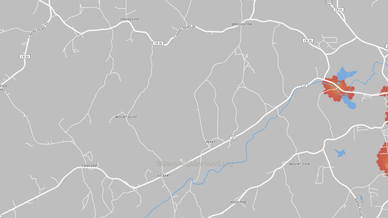 Walk Grade map of Peavy, AL, walkable areas in green and car-dependent areas in red