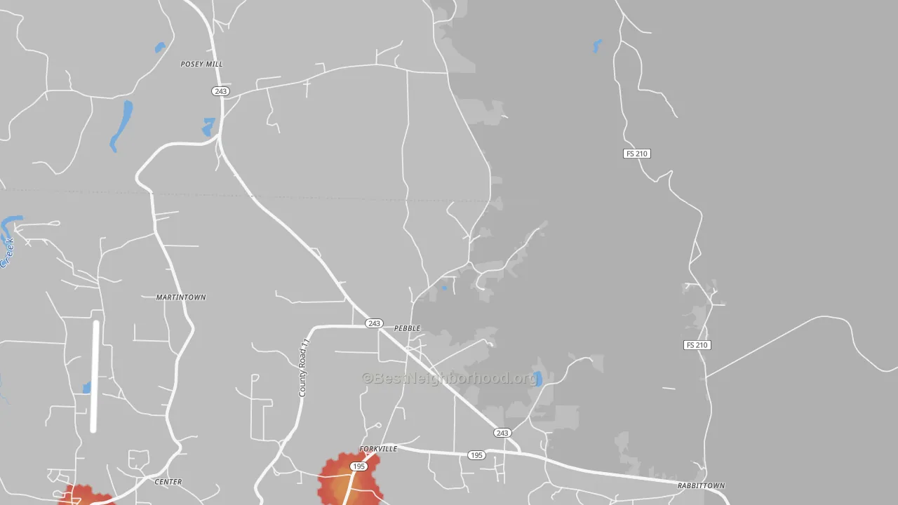 Walk Grade map of Pebble, AL, walkable areas in green and car-dependent areas in red
