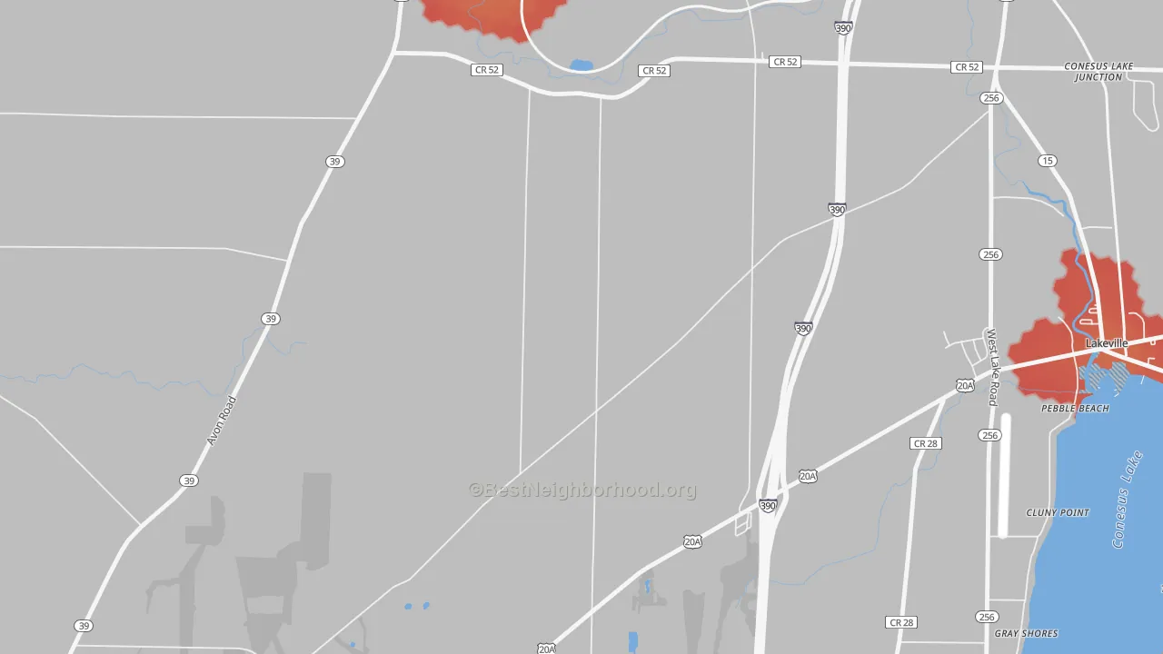 Walk Grade map of Pebble Beach, NY, walkable areas in green and car-dependent areas in red