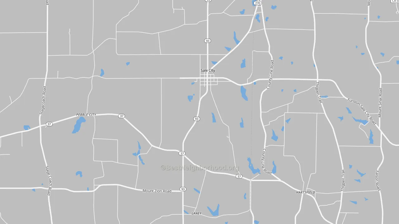 Walk Grade map of Pebble City, GA, walkable areas in green and car-dependent areas in red