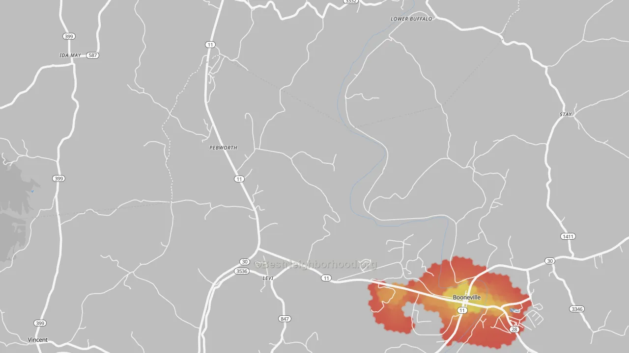 Walk Grade map of Pebworth, KY, walkable areas in green and car-dependent areas in red