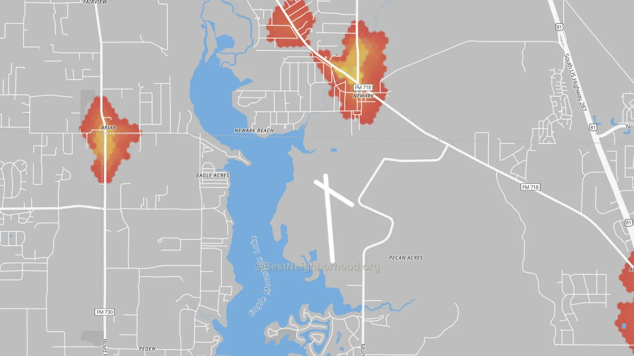 Walk Grade map of Pecan Acres, TX, walkable areas in green and car-dependent areas in red