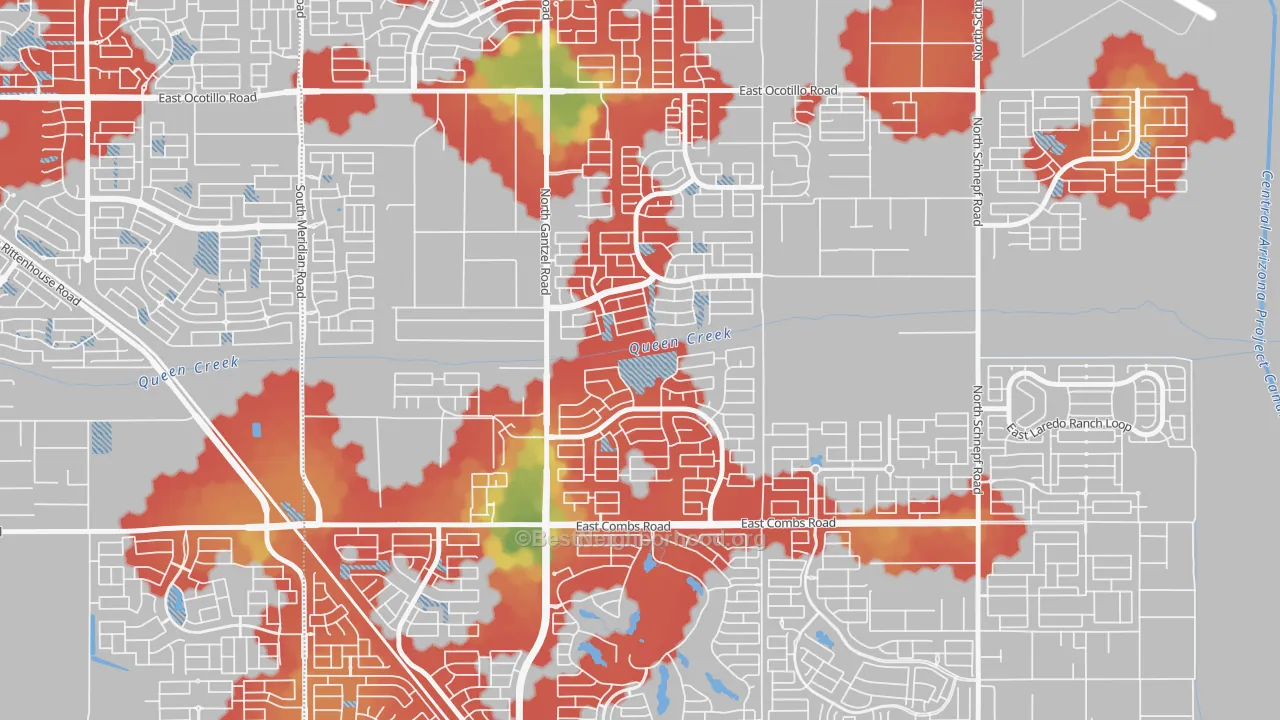 Walk Grade map of Pecan Creek, San Tan Valley, AZ, walkable areas in green and car-dependent areas in red