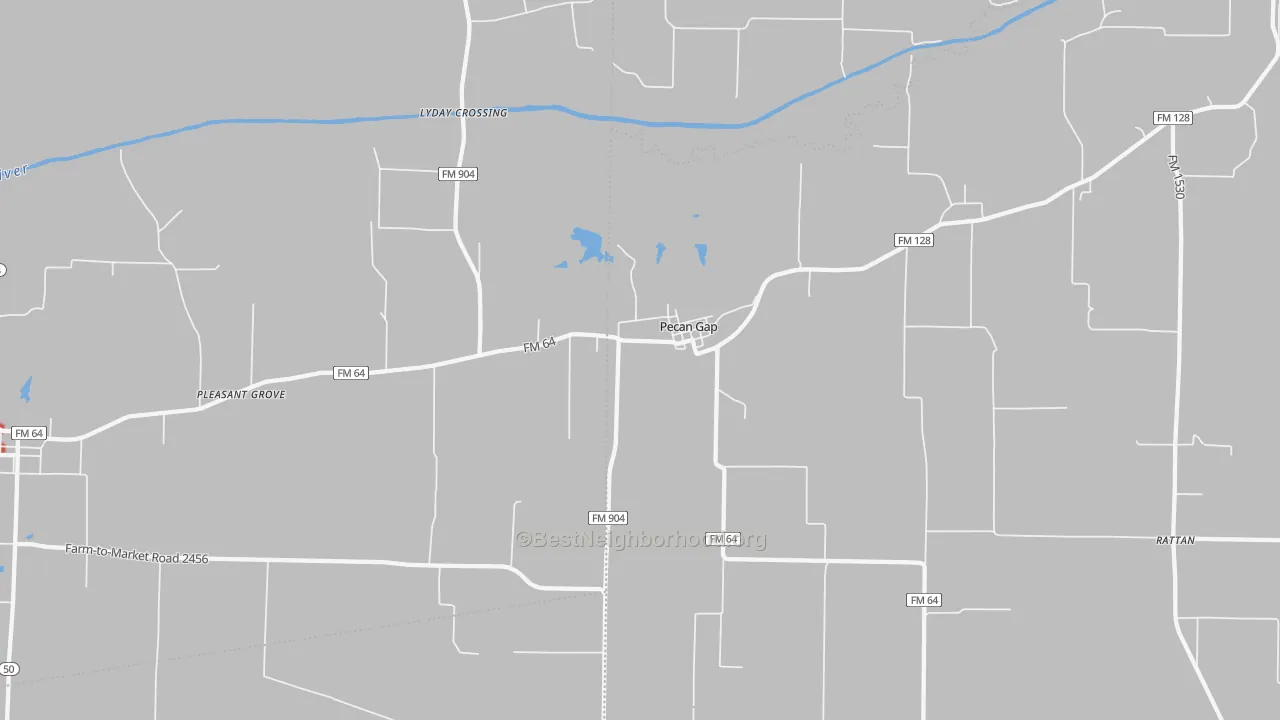 Walk Grade map of Pecan Gap, TX, walkable areas in green and car-dependent areas in red