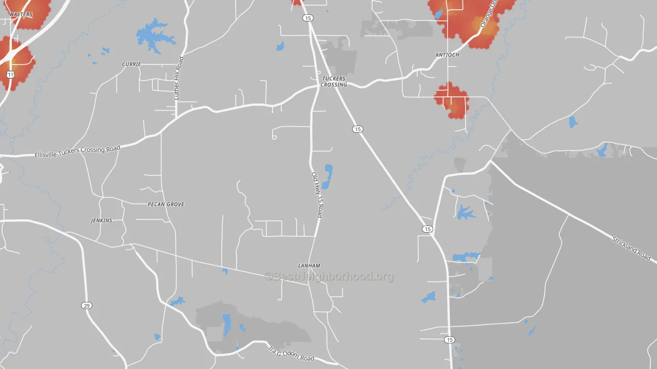 Walk Grade map of Pecan Grove, MS, walkable areas in green and car-dependent areas in red