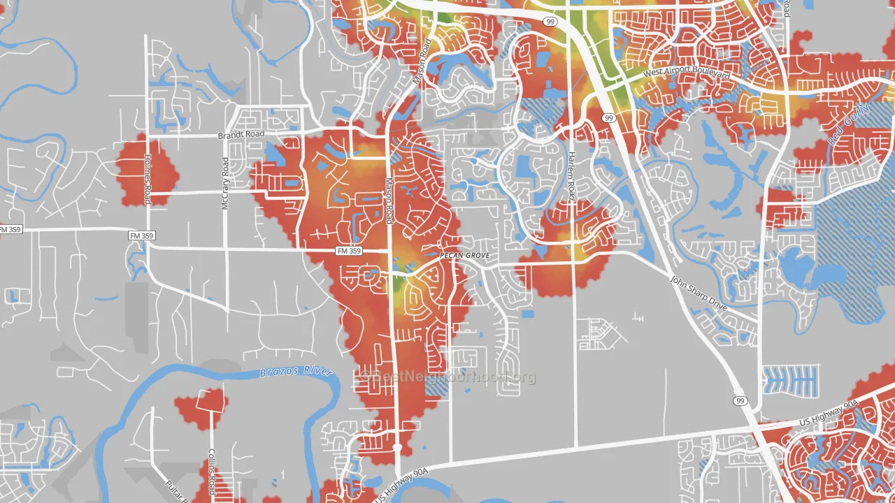 Walk Grade map of Pecan Grove, TX, walkable areas in green and car-dependent areas in red