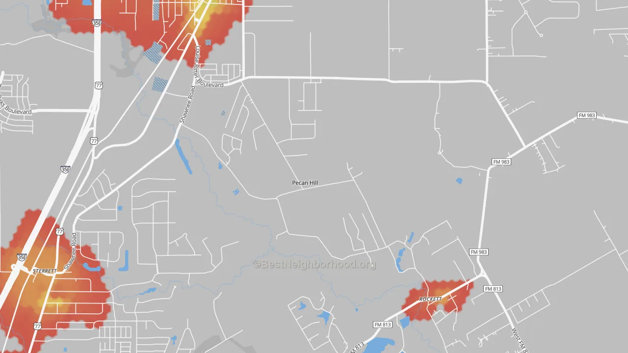 Walk Grade map of Pecan Hill, TX, walkable areas in green and car-dependent areas in red