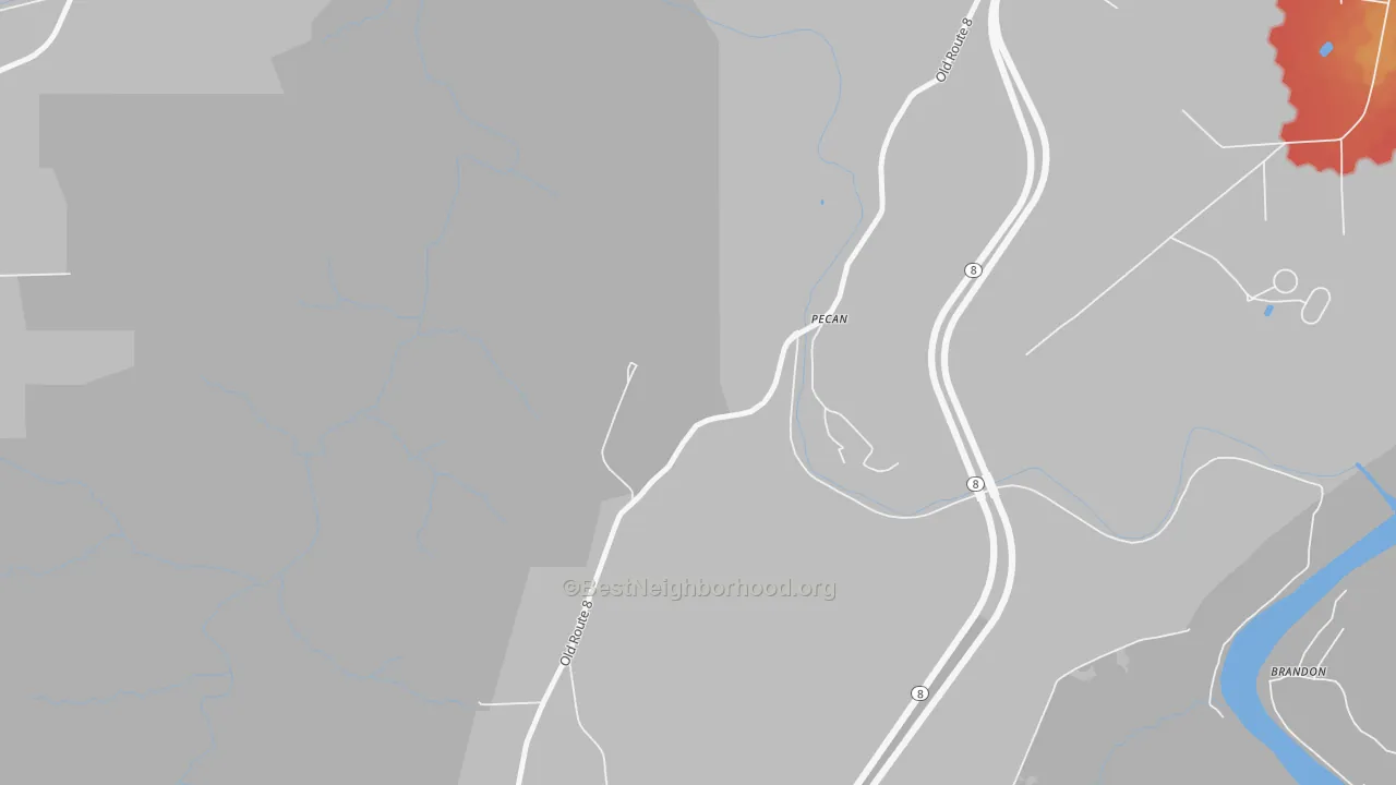 Walk Grade map of Pecan, PA, walkable areas in green and car-dependent areas in red