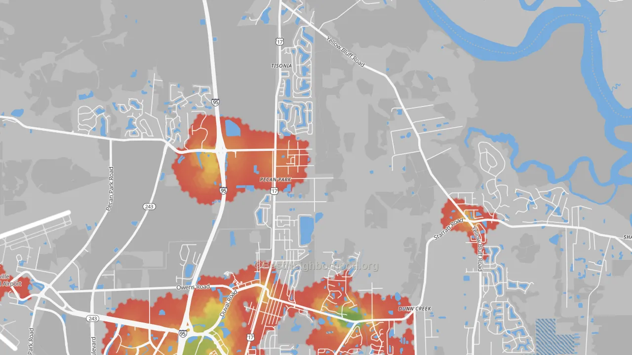 Walk Grade map of Pecan Park, Jacksonville, FL, walkable areas in green and car-dependent areas in red
