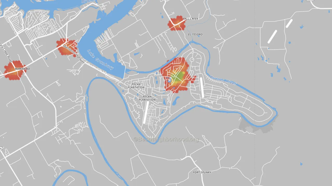 Walk Grade map of Pecan Plantation, TX, walkable areas in green and car-dependent areas in red