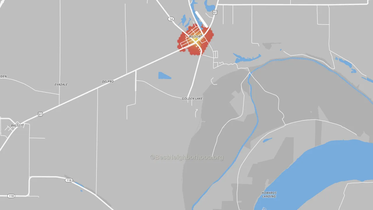 Walk Grade map of Pecan Point, AR, walkable areas in green and car-dependent areas in red