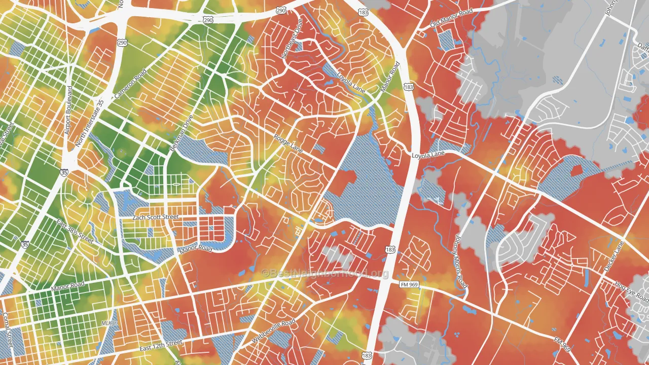 Walk Grade map of Pecan Springs Springdale, Austin, TX, walkable areas in green and car-dependent areas in red