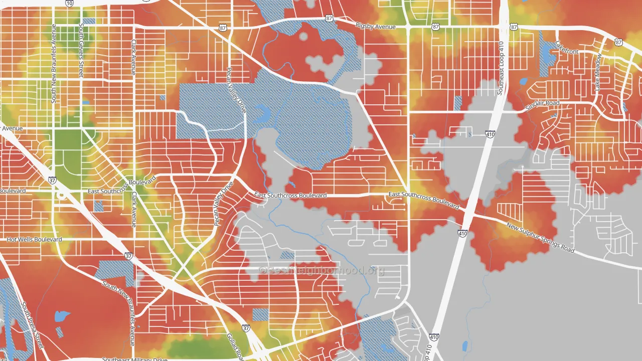 Walk Grade map of Pecan Valley, San Antonio, TX, walkable areas in green and car-dependent areas in red