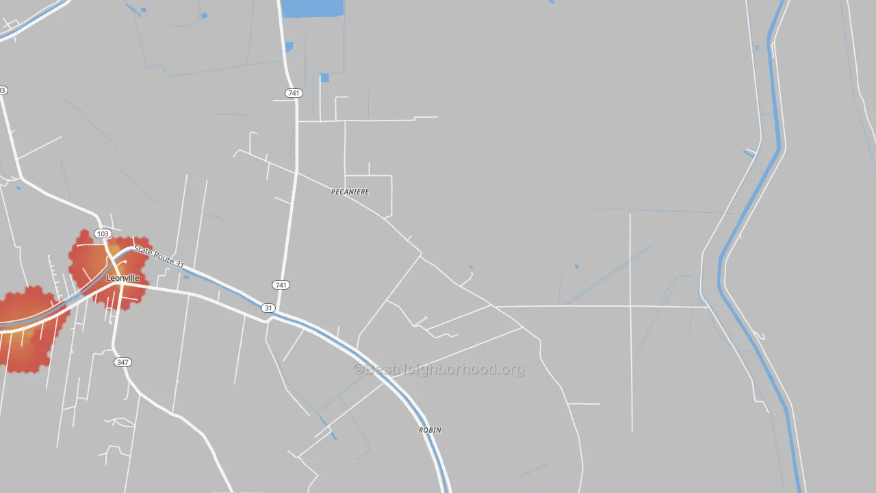 Walk Grade map of Pecaniere, LA, walkable areas in green and car-dependent areas in red