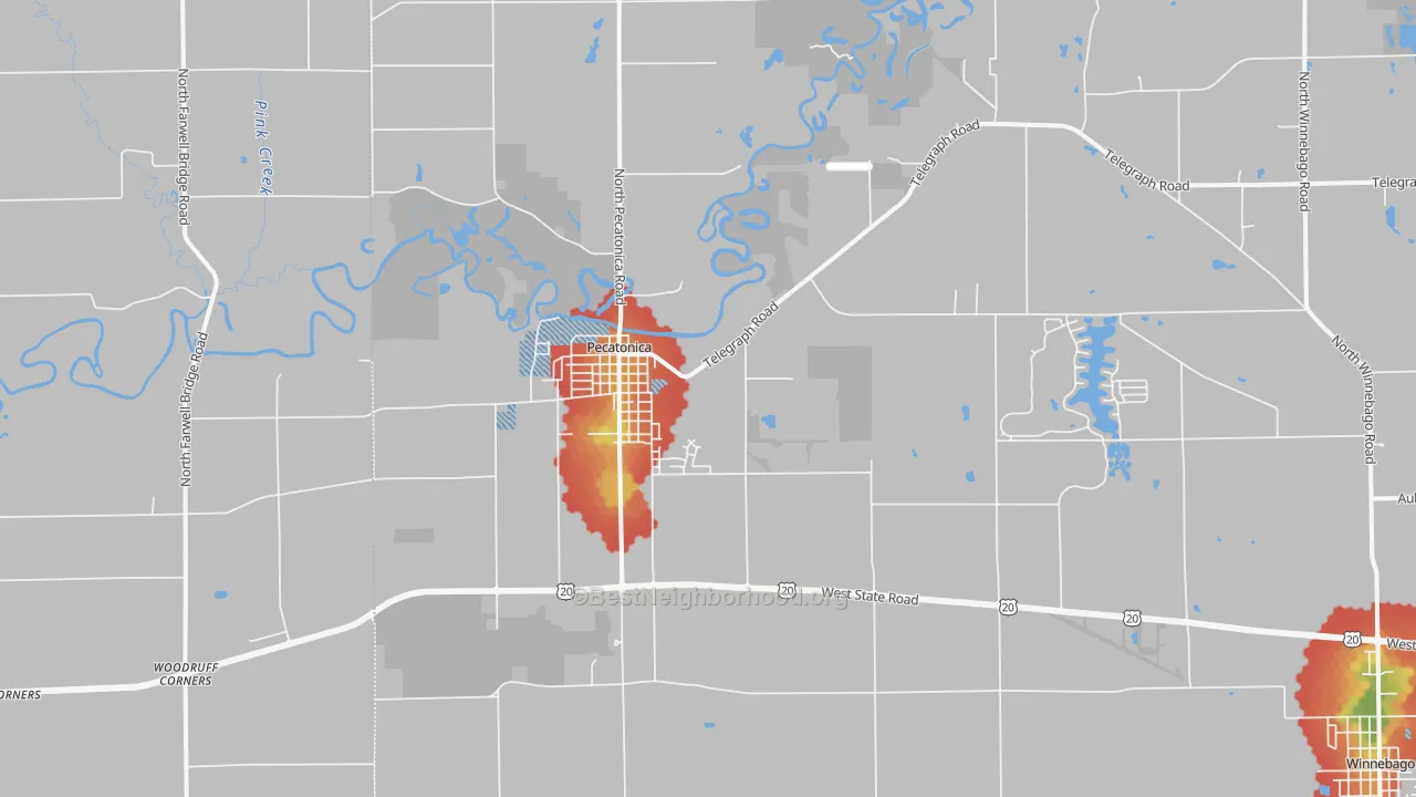 Walk Grade map of Pecatonica, IL, walkable areas in green and car-dependent areas in red