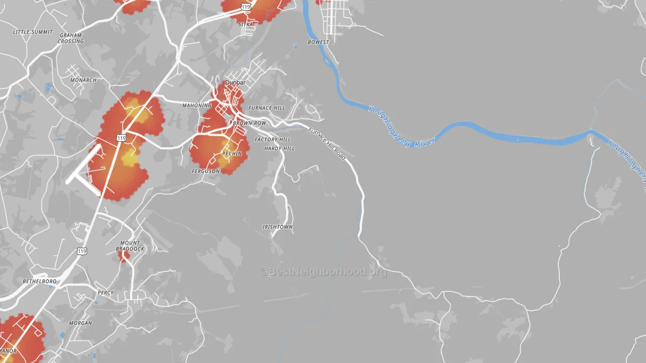 Walk Grade map of Pechin, PA, walkable areas in green and car-dependent areas in red