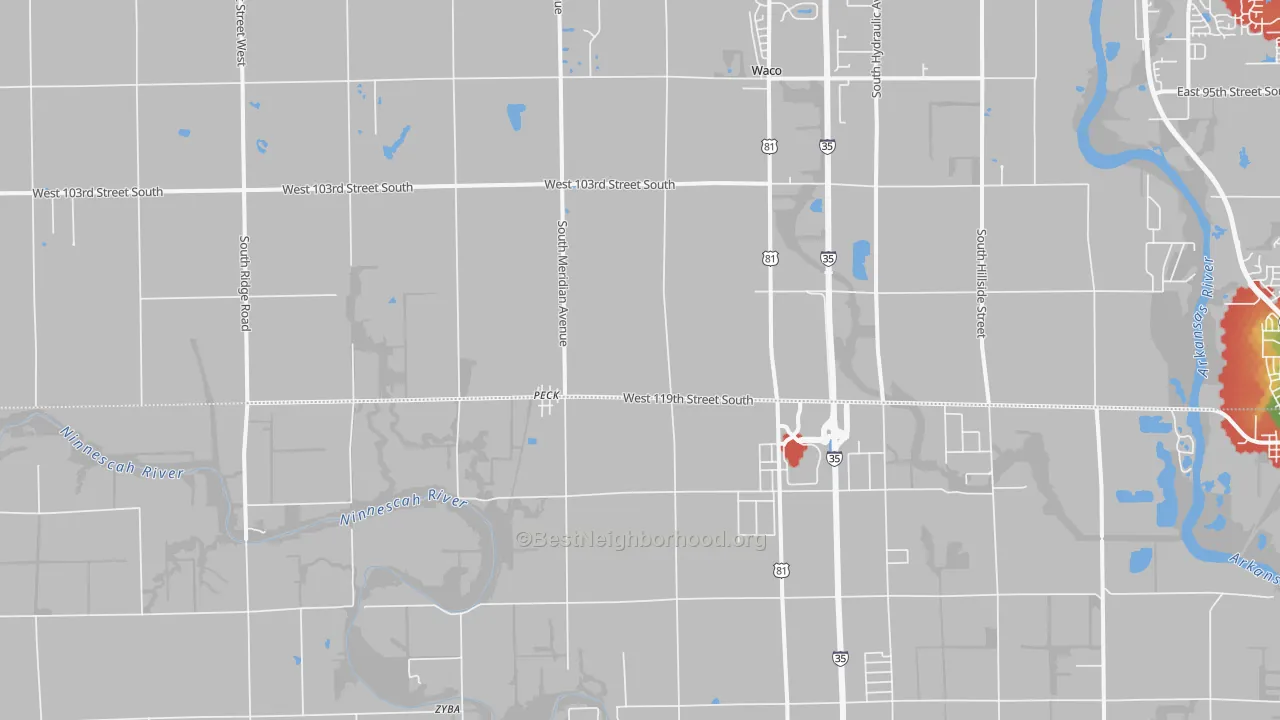 Walk Grade map of Peck, KS, walkable areas in green and car-dependent areas in red