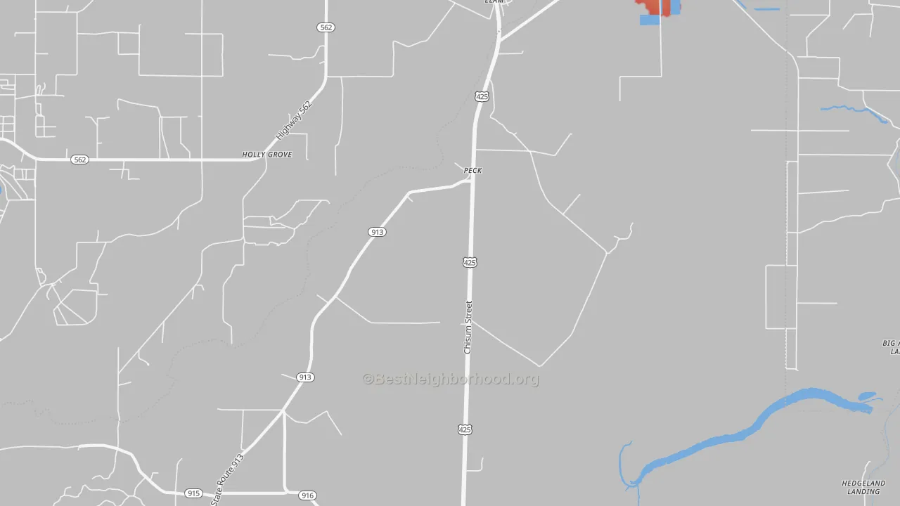 Walk Grade map of Peck, LA, walkable areas in green and car-dependent areas in red