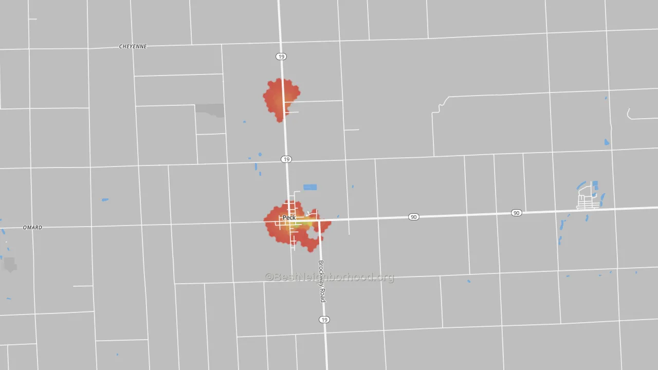 Walk Grade map of Peck, MI, walkable areas in green and car-dependent areas in red