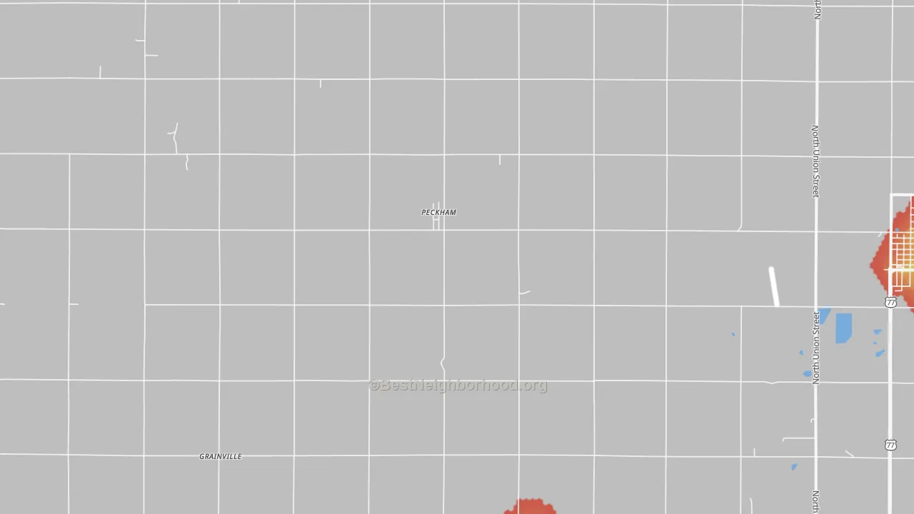 Walk Grade map of Peckham, OK, walkable areas in green and car-dependent areas in red